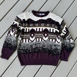Vintage Today's News Sweater Men's XL‎ Geometric Aztec Cosby Purple White Retro